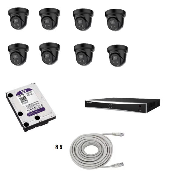 Hikvision cameraset zwart met 8 x DS-2CD2386G2-I 2.8mm 8mp AcuSense vaste turretcamera's