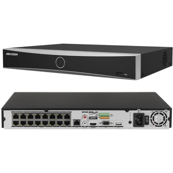 Hikvision DS 7616NXI K216P voor en achterzijde Hikvision DS-7616NXI-K2/16P AcuSense Netwerk Video Recorder Plug and Play 16-kanalen, inclusief PoE switch