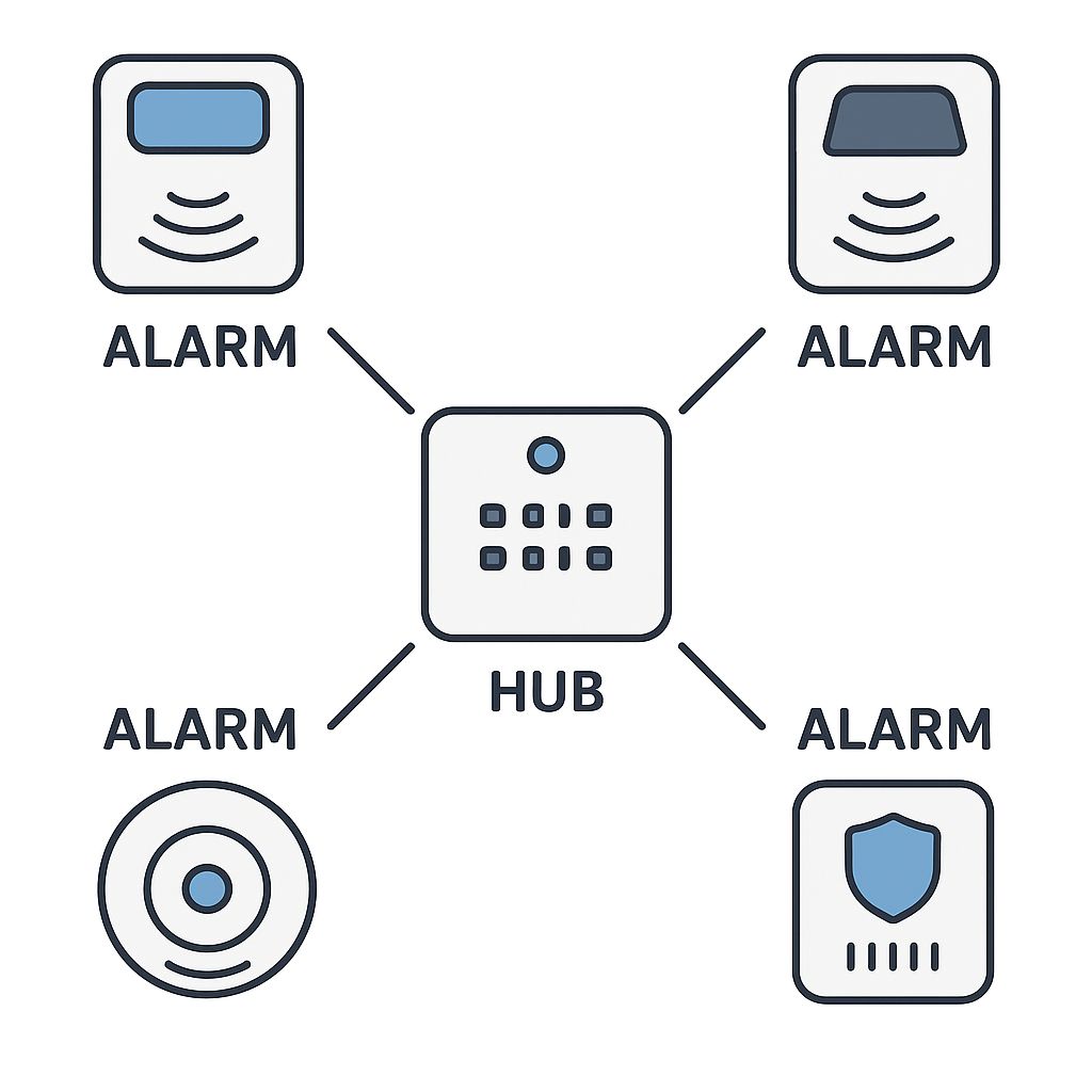 Diagram showing how multiple alarms connect via the hub Houd je huis veilig met FireAngel slimme brandmelders