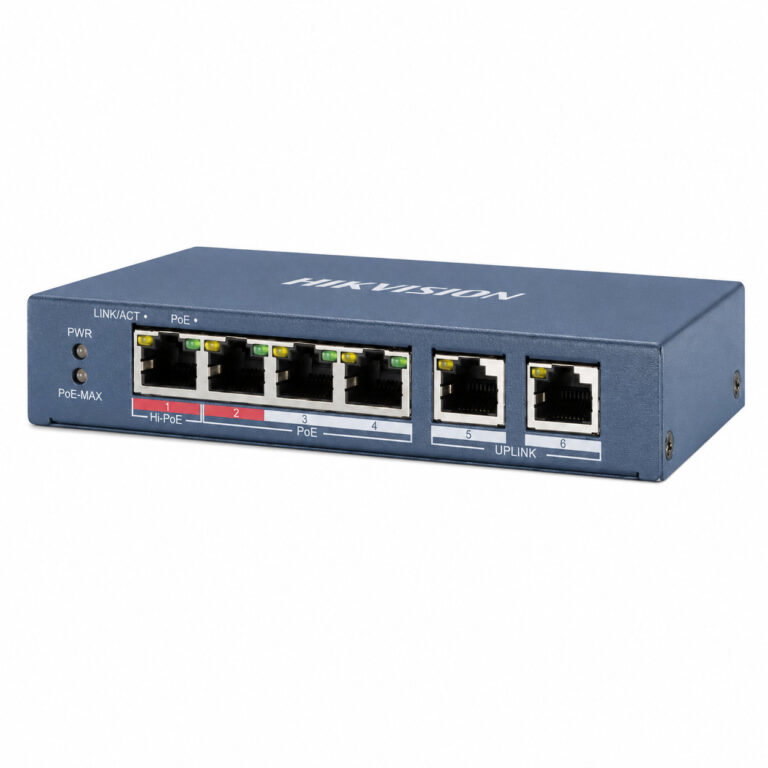 Hikvision DS-3E0106HP-E –4-poorts PoE-switch met 2 uplinks en 110W PoE++ vermogen